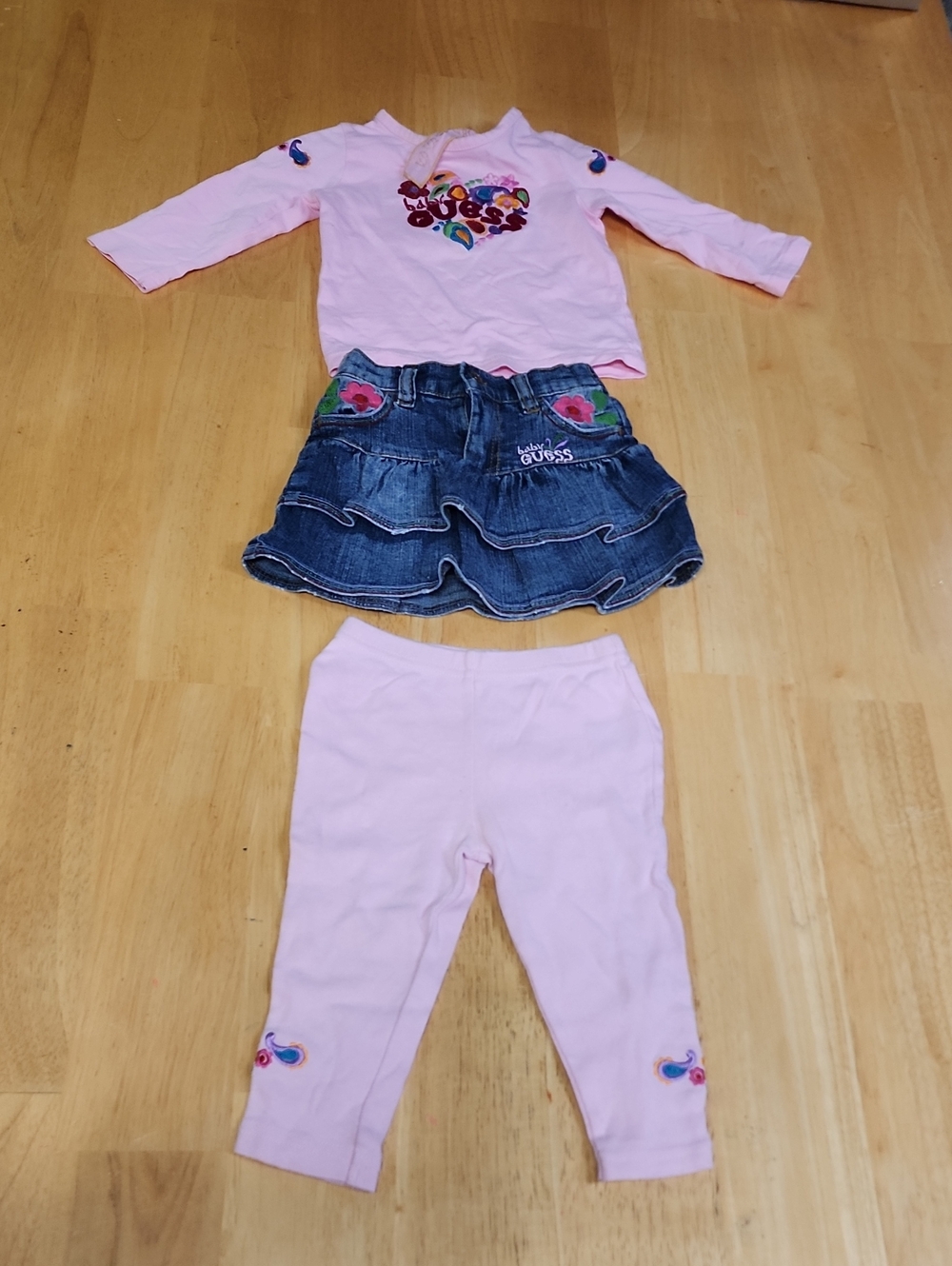 VTG Baby Guess Girl 3PC Skirt Set 18M Pink Floral Embroidered Denim Ruffle RARE